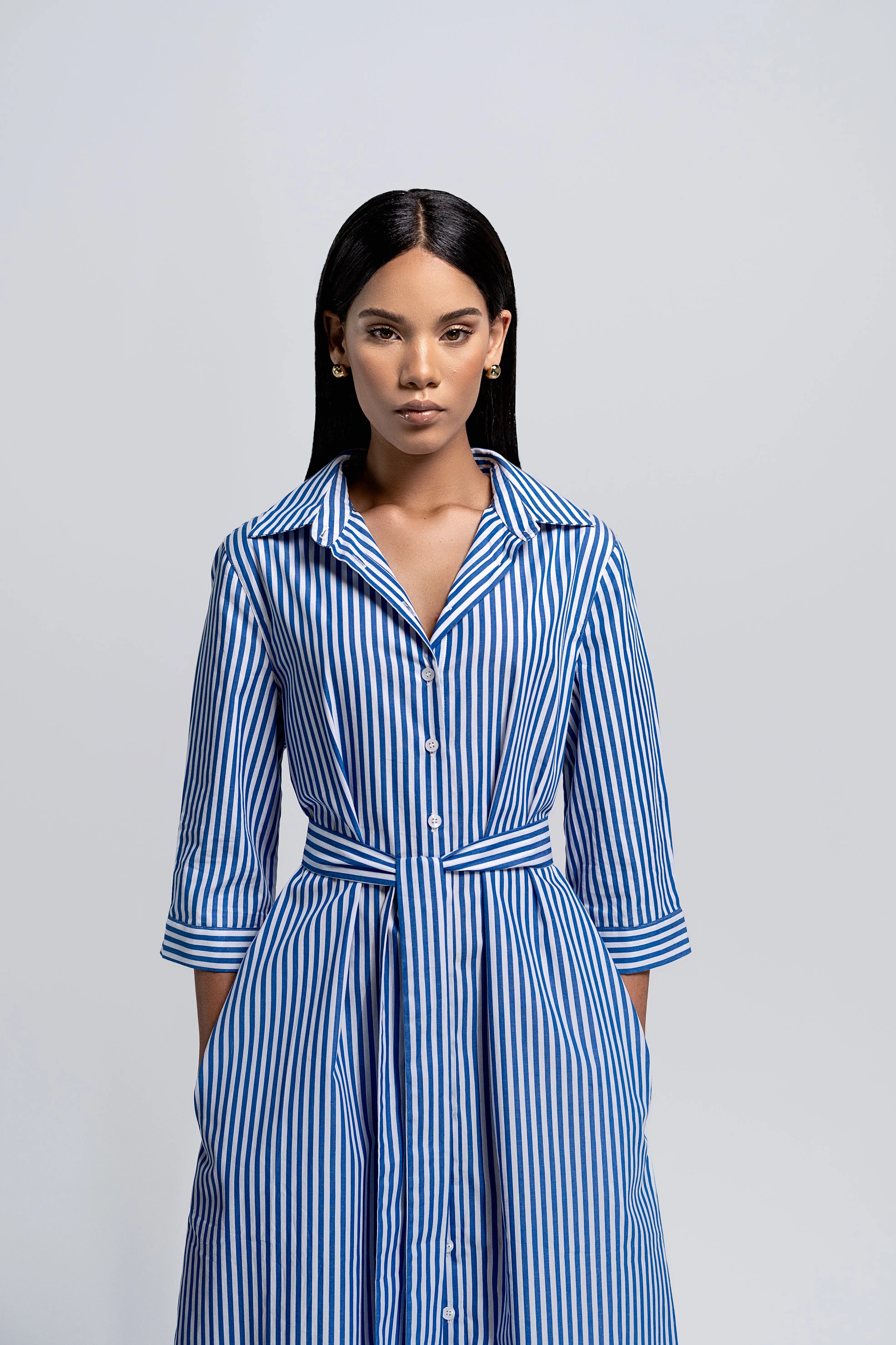 blue and white striped button up dress The WFH Dress
