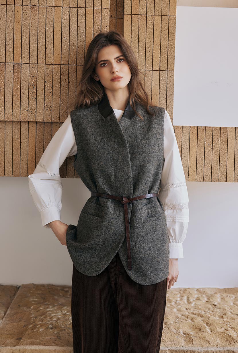 Grey Wool Vest with Leather Collar - Petite Fit | Etela Petite